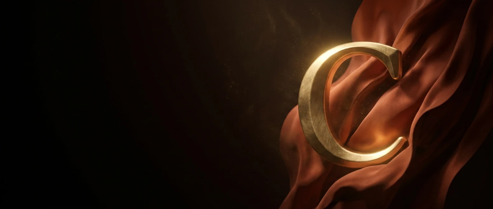 A golden letter 'C' rests on flowing reddish-brown fabric, representing creative resources.